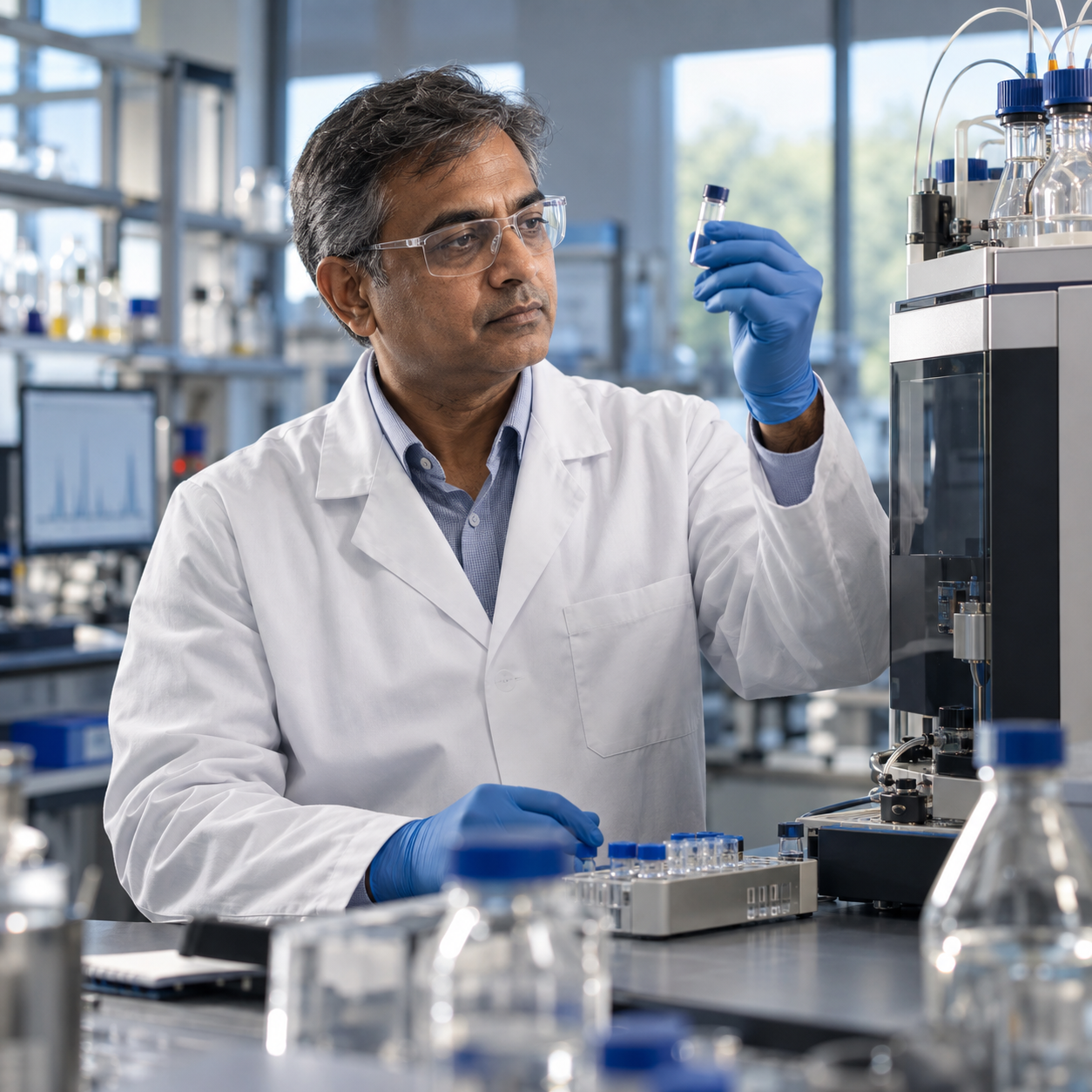 Illustrative portrait of an experienced biotechnology scientist inspecting a laboratory sample