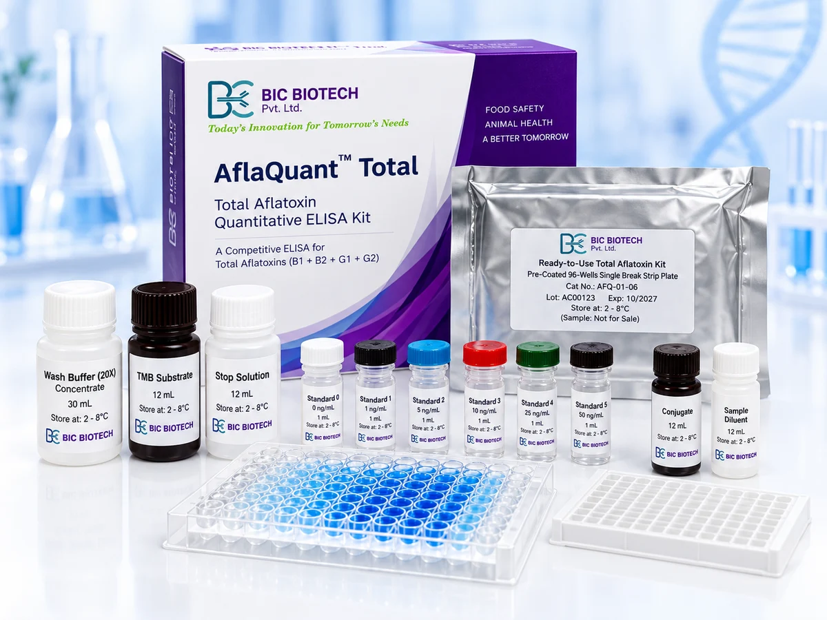 Illustrative AflaQuant Total ELISA kit showcase with a branded box, foil pouch, reagent bottles and plates