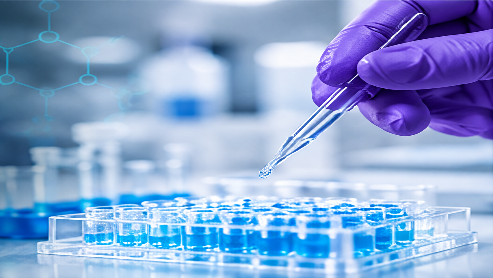 Purple-gloved laboratory hand using a pipette above a sample-tube rack